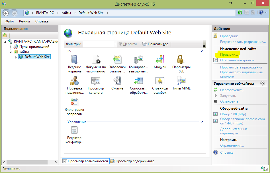 Привязка сертификата. Привязки сайта IIS. Что такое веб-обзор сайтов. Диспетчер служб IIS. Начальная страница default web site.