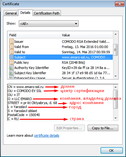 Детальная информация SSL сертификата